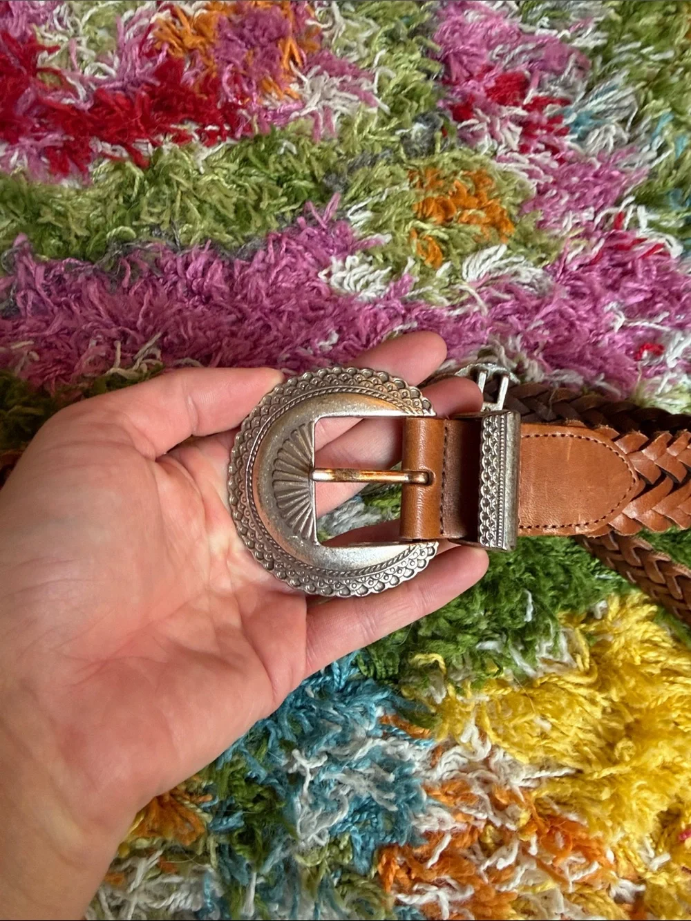 Vintage Brighton Y2K Brown Braided Leather Belt with Heart Conchos